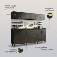 Garage Cabinet System | Heavy Duty Steel All-In-One Modular Garage Cabinet Set for Ultimate Workshop Organization | Easy Assembly Garage Storage Cabinets & Tool Bench — infographic