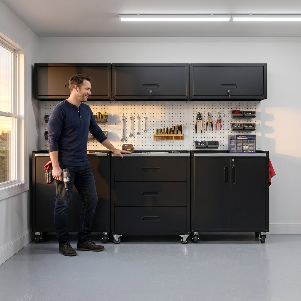 Garage Cabinet System | Heavy Duty Steel All-In-One Modular Garage Cabinet Set for Ultimate Workshop Organization | Easy Assembly Garage Storage Cabinets & Tool Bench — Lifestyle