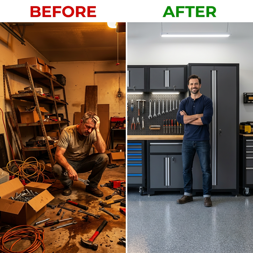 Garage Storage Cabinet Set Engineered for Organization, 24 Gauge Steel, Pegboard, Wooden Work Top — Before & After