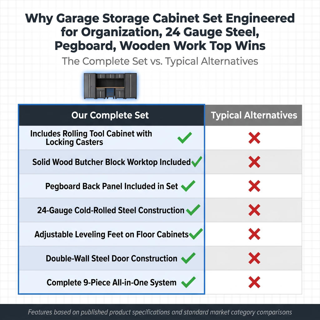 Garage Storage Cabinet Set Engineered for Organization, 24 Gauge Steel, Pegboard, Wooden Work Top — Comparison