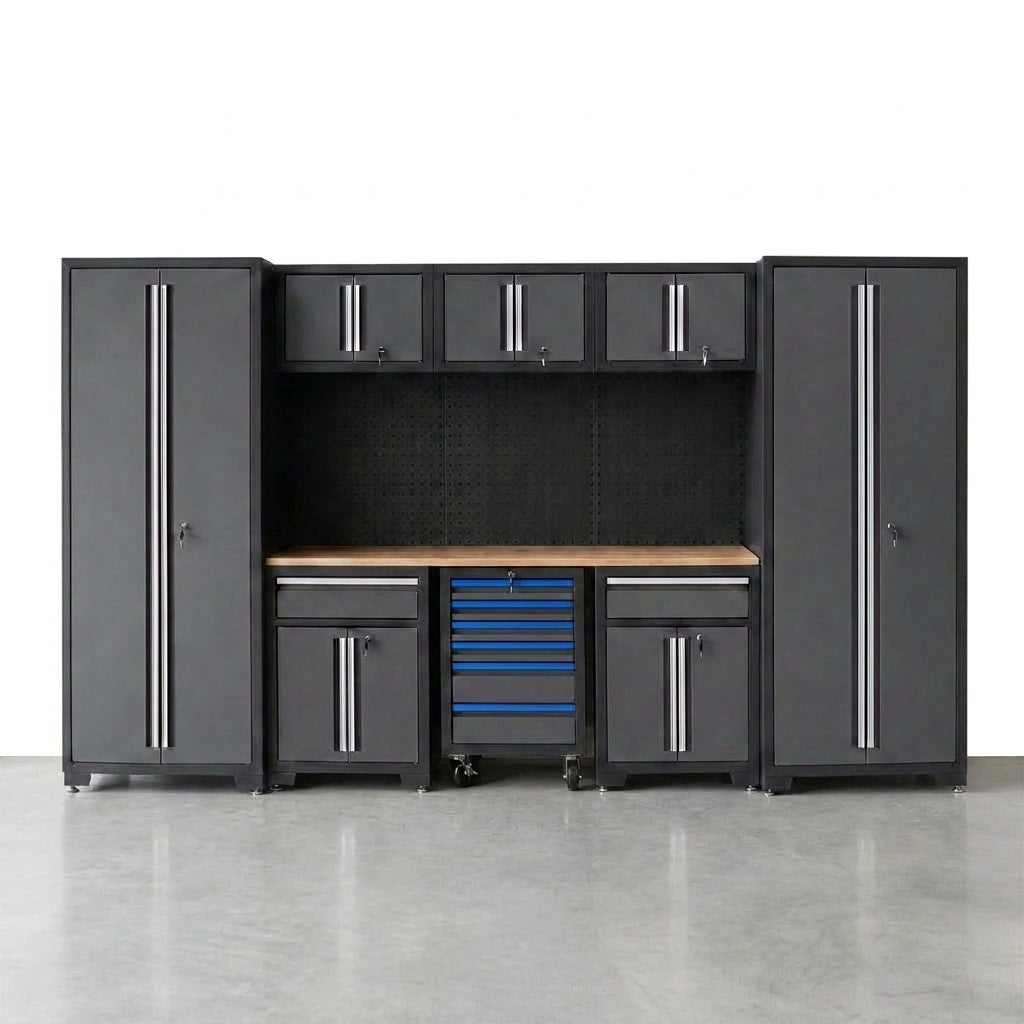 Garage Storage Cabinet Set Engineered for Organization, 24 Gauge Steel, Pegboard, Wooden Work Top — Studio Shot