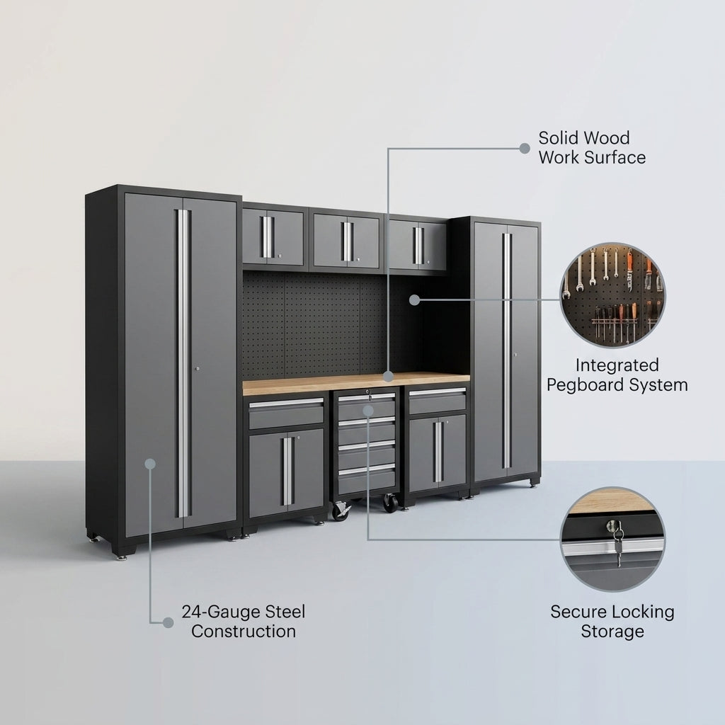 Garage Storage Cabinet Set Engineered for Organization, 24 Gauge Steel, Pegboard, Wooden Work Top — infographic