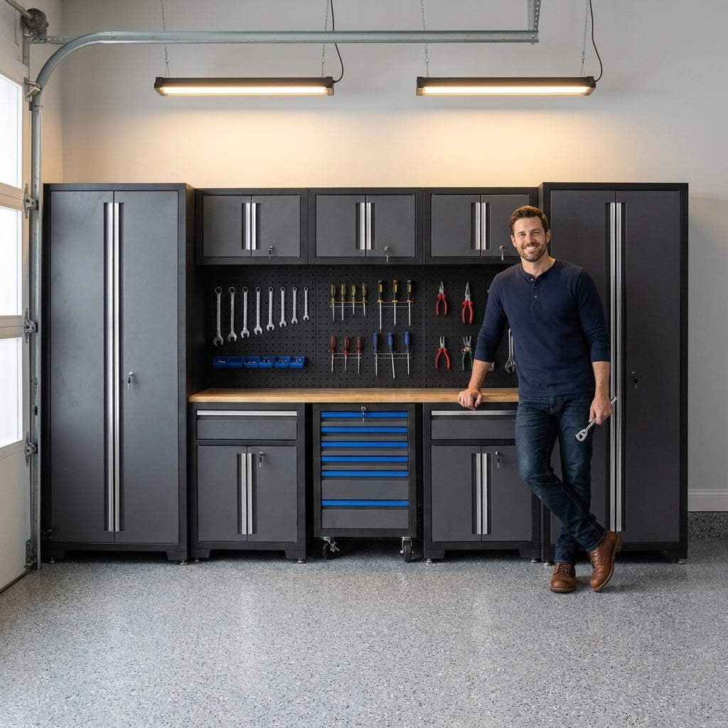 Garage Storage Cabinet Set Engineered for Organization, 24 Gauge Steel, Pegboard, Wooden Work Top — Lifestyle