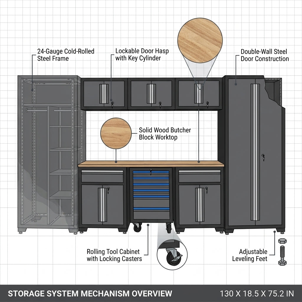Garage Storage Cabinet Set Engineered for Organization, 24 Gauge Steel, Pegboard, Wooden Work Top — How It Works