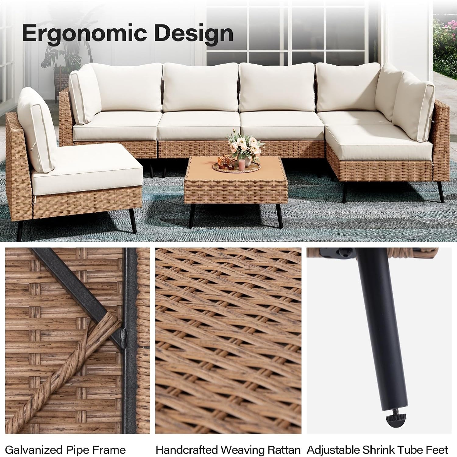 Outdoor Patio Furniture, 7 Piece Outdoor Sectional Sofa PE Rattan Wicker Patio Conversation Sets, All Weather Patio Furniture Set with Thick Cushions for Garden, Backyard(Beige)