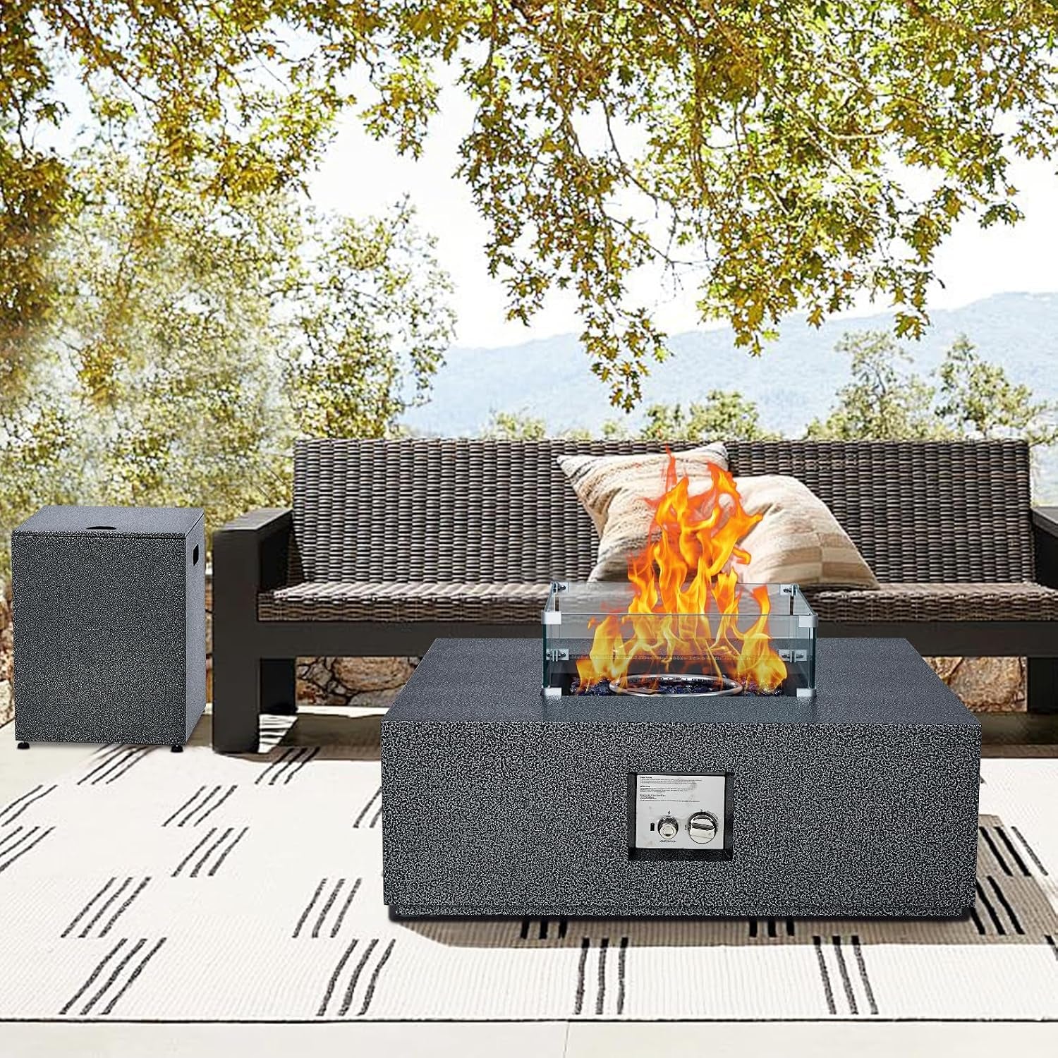 36 Inch Propane Fire Pit Table with Wind Guard and Rain Cover, Glass Beads, Sturdy Steel Anti-Rust Finish, CSA Safety Certified Outdoor Firepit for Patio Yard Garden-Black
