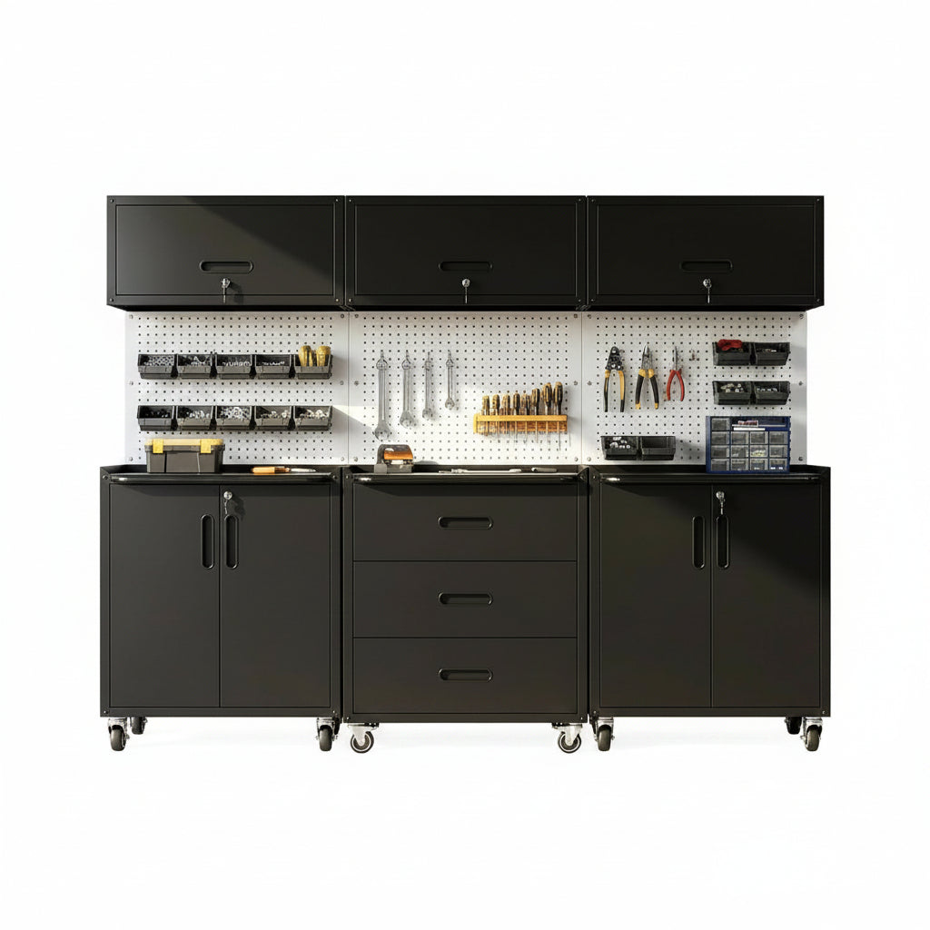 Garage Cabinet System | Heavy Duty Steel All-In-One Modular Garage Cabinet Set for Ultimate Workshop Organization | Easy Assembly Garage Storage Cabinets & Tool Bench