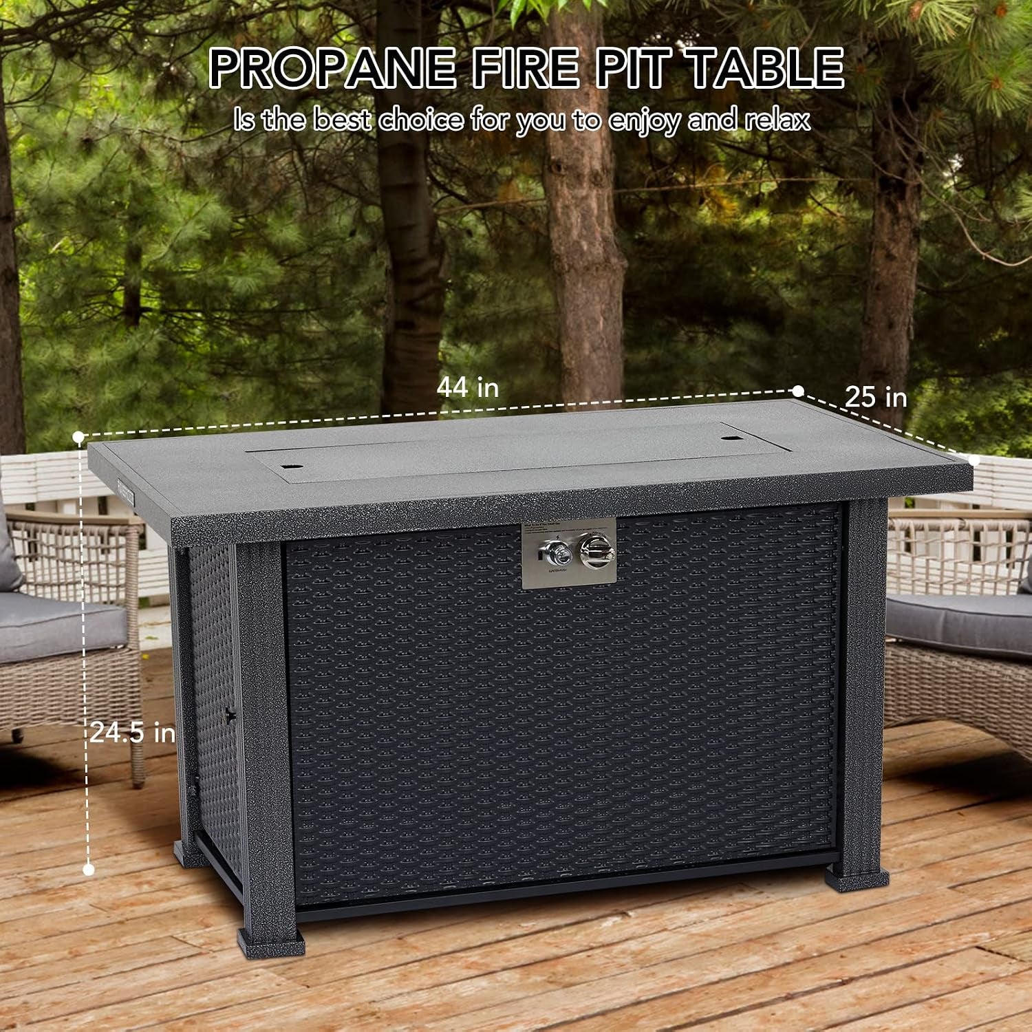 Propane Fire Pit Table 44 Inch, 50000BTU Rectangle Fire Table with Cover & Rain Cover, Sturdy Steel and Iron Fence Surface, CSA Safety Certified, Companion for Your Garden