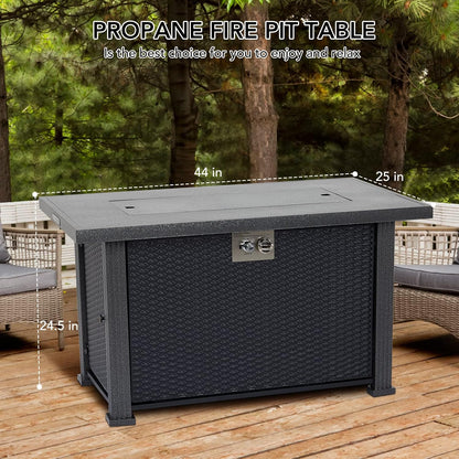 Propane Fire Pit Table 44 Inch, 50000BTU Rectangle Fire Table with Cover & Rain Cover, Sturdy Steel and Iron Fence Surface, CSA Safety Certified, Companion for Your Garden