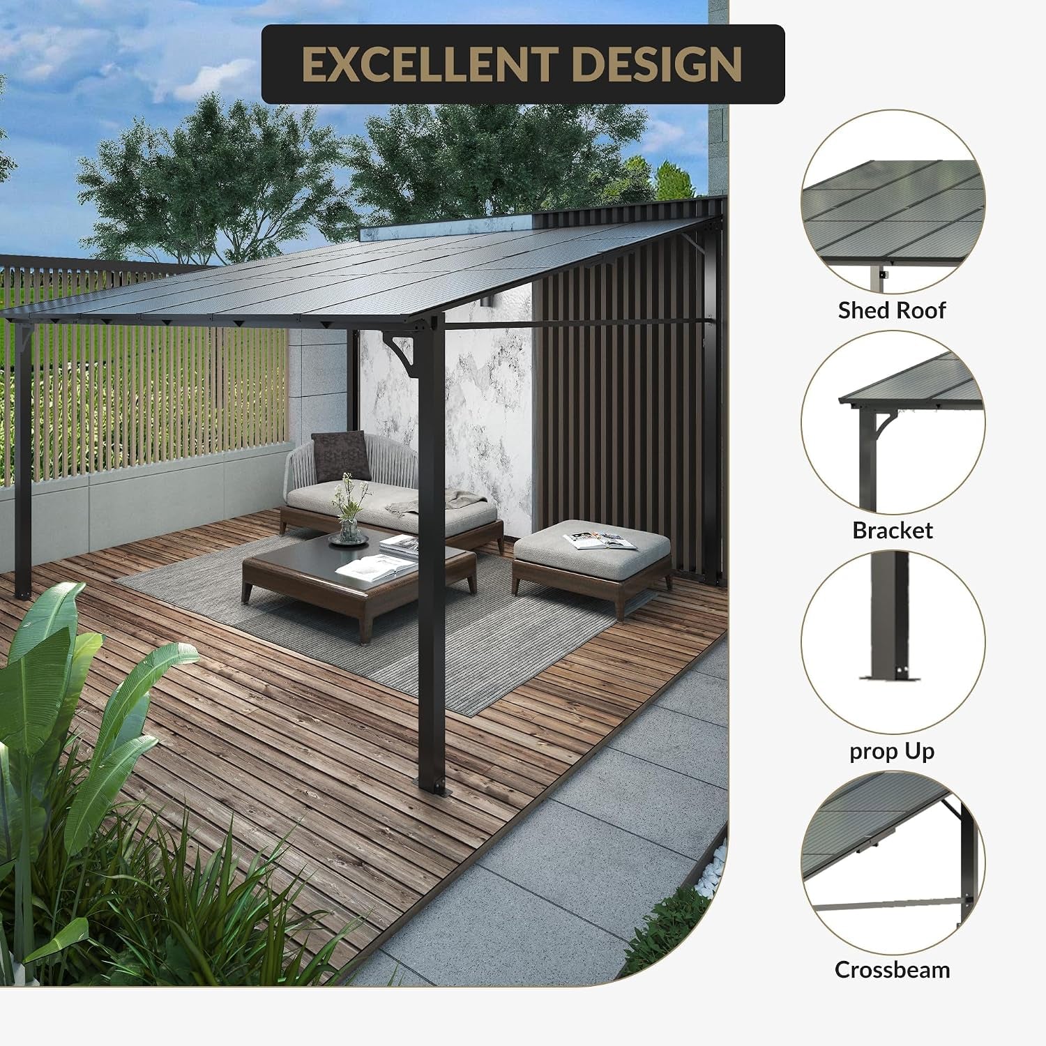 10X12Ft Lean to Metal Pergola Gazebo with Hardtop Polycarbonate Roof, Wall Mounted Outdoor Pergolas for Patios, Aluminum Frame Shade Shelter for Deck, Yard, Party, or Garden
