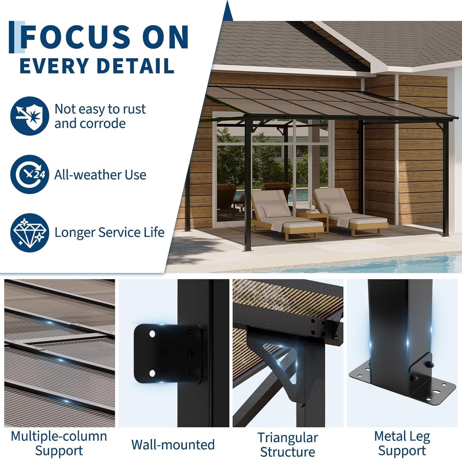 10X12Ft Lean to Metal Pergola Gazebo with Hardtop Polycarbonate Roof, Wall Mounted Outdoor Pergolas for Patios, Aluminum Frame Shade Shelter for Deck, Yard, Party, or Garden
