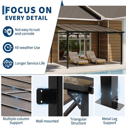 10X12Ft Lean to Metal Pergola Gazebo with Hardtop Polycarbonate Roof, Wall Mounted Outdoor Pergolas for Patios, Aluminum Frame Shade Shelter for Deck, Yard, Party, or Garden